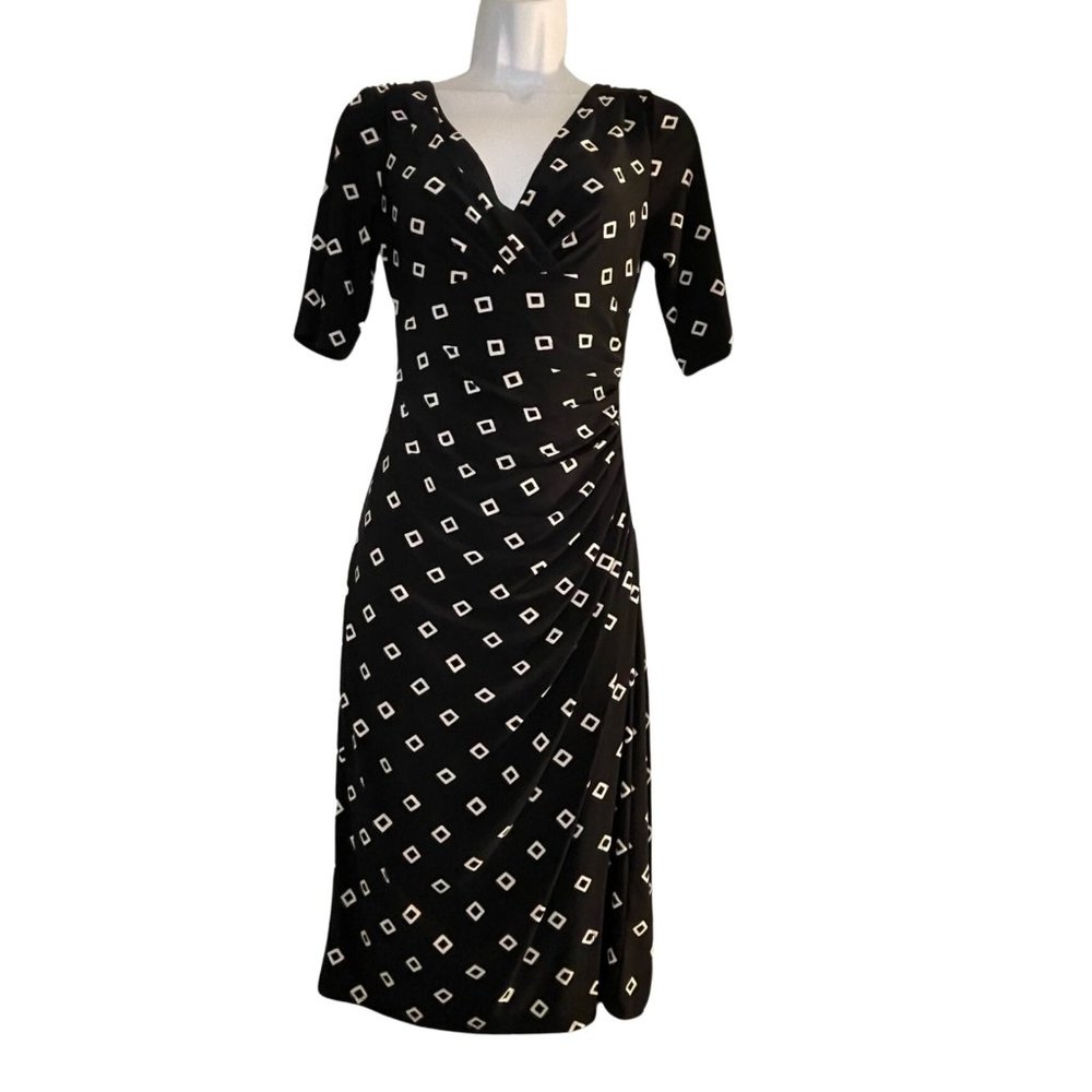 LAUREN RALPH LAUREN DRESS~XS~BLACK WHITE PRINT~FAUX WRAP~SHEATH~ELBOW SLEEVE